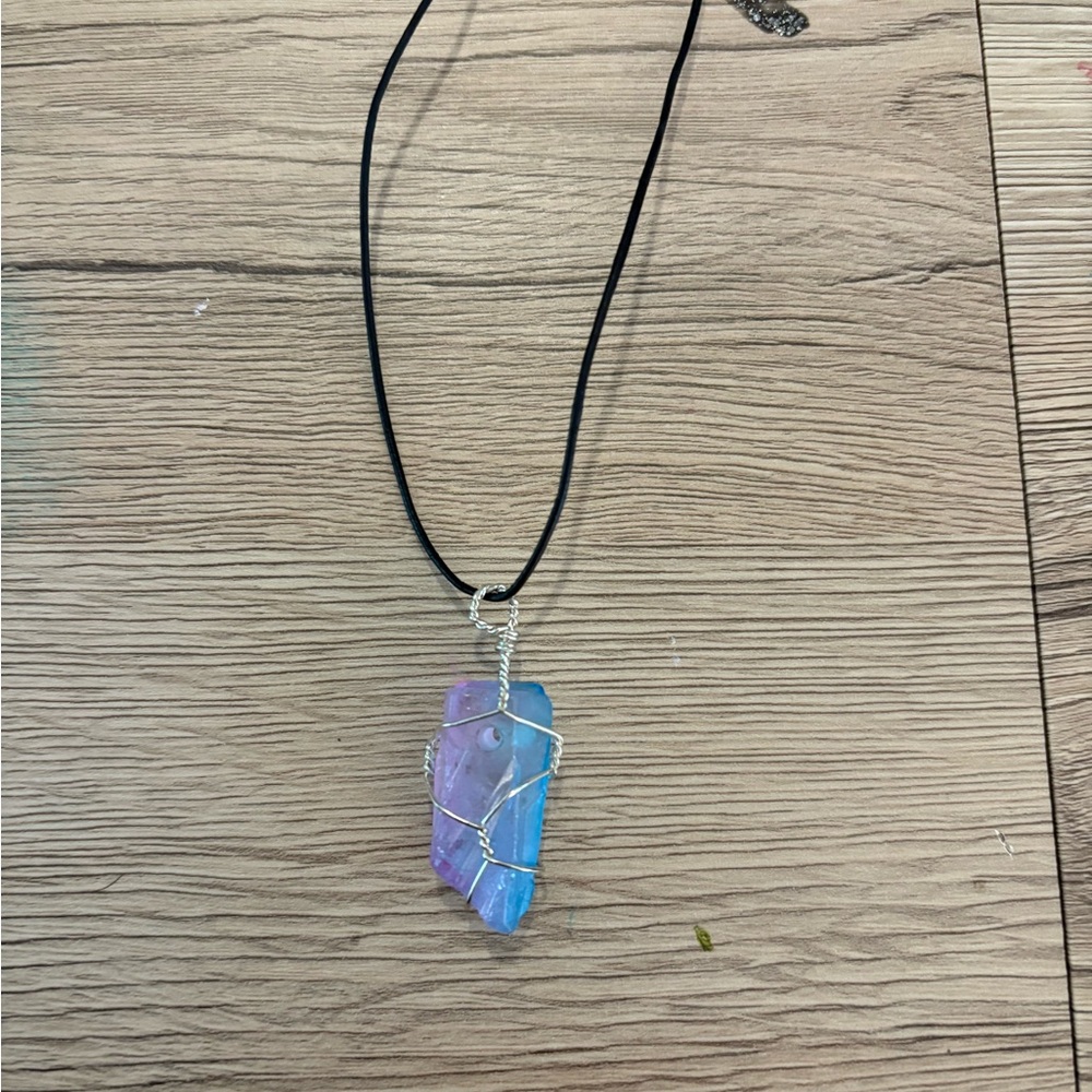 Iridescent Wire-Wrapped Pendant Necklace
